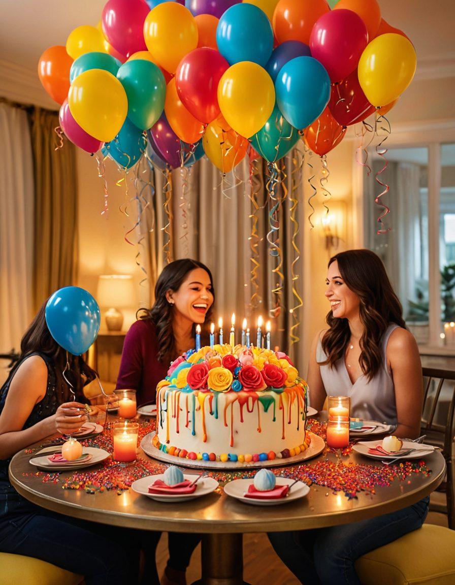 A lively, colorful surprise party scene featuring a beautifully decorated living room with balloons, streamers, and a table filled with unique gifts. Guests in festive attire are joyfully celebrating, capturing the essence of 'life’s special moments.' Include a cake with vibrant frosting and shimmering candles as the focal point. The atmosphere should be warm and inviting, radiating happiness and excitement. vibrant colors. super-realistic.