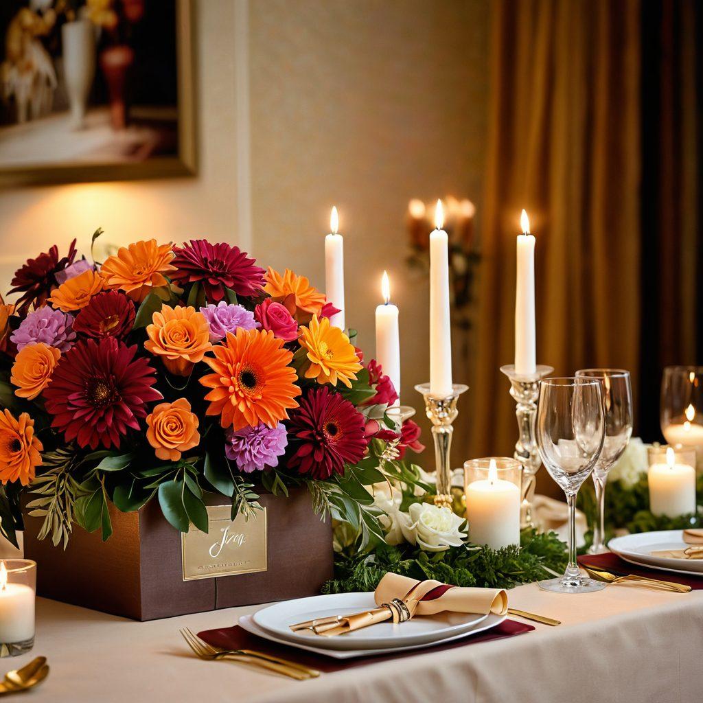 A beautifully arranged table for a celebration, adorned with elegant decorations like candles and flowers. Include elements of surprise such as a gift box with a ribbon and a personalized card, capturing the essence of thoughtful planning. Soft, warm lighting creates an inviting atmosphere, with a backdrop of gently blurred happy guests. super-realistic. vibrant colors. warm tones.
