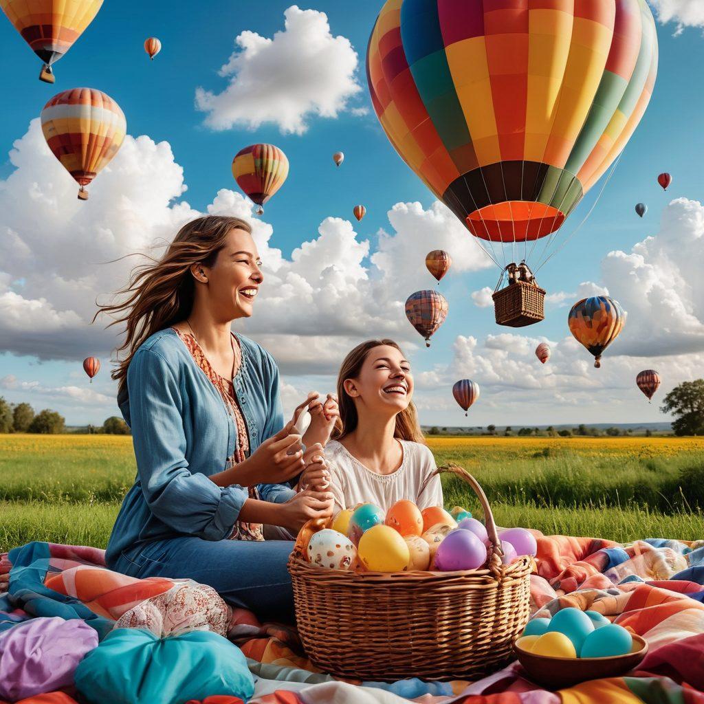 A vibrant collage showcasing various unique gift experiences for celebrations: a couple enjoying a hot air balloon ride, friends laughing at a surprise picnic, and a family making memories at a pottery workshop. Festive decorations and colorful balloons fill the background, creating a joyful atmosphere. super-realistic. vibrant colors. 3D.